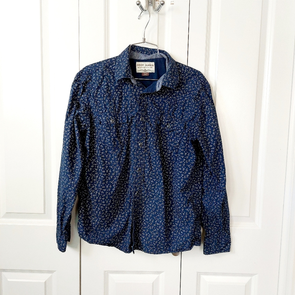Navy Blue Floral Western Snap Shirt Medium Cody James Daisy Cowboy
